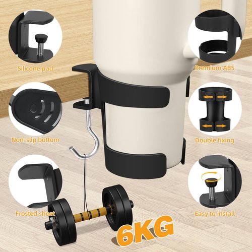 VEAQEE Desk Cup Holder, 2-in-1 Cup Holder for Desk Compatible with Stanley,Sinple Midern, Hydroflask, Owala, Adjustable Anti-Spill Tumbler Organizer with Hook for Home Office and School