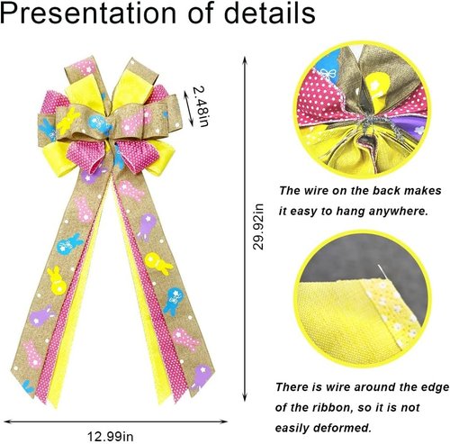 Hying Easter Wreath Bows - Flaxen Yellow & Pink Burlap Ribbon for Front Door Decor | Holiday Spring Bow