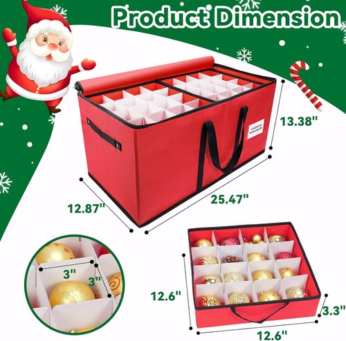 Christmas Ornament Storage Box - Durable 600D Oxford Container Holds 128 Ornaments | 8 Trays, Red
