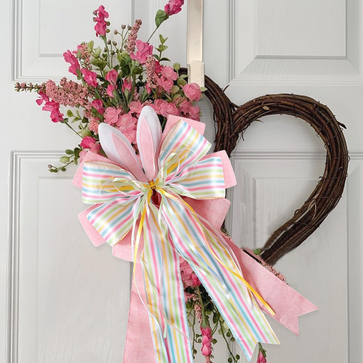 Regine Switzerland Easter Wreath Bow - Burlap Wired Ribbon with Bunny Eggs | 11x20 Inch Door Ornament