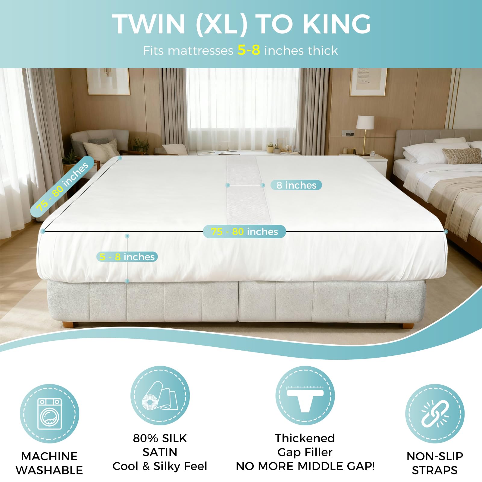 Bisenkud Twin to King Bed Bridge Kit, Convert Two Twin Beds into a Seamless King Size Bed, Mattress Connector with Gap Filler, Non Slip Straps, Machine Washable Cover for Guest Room, RV