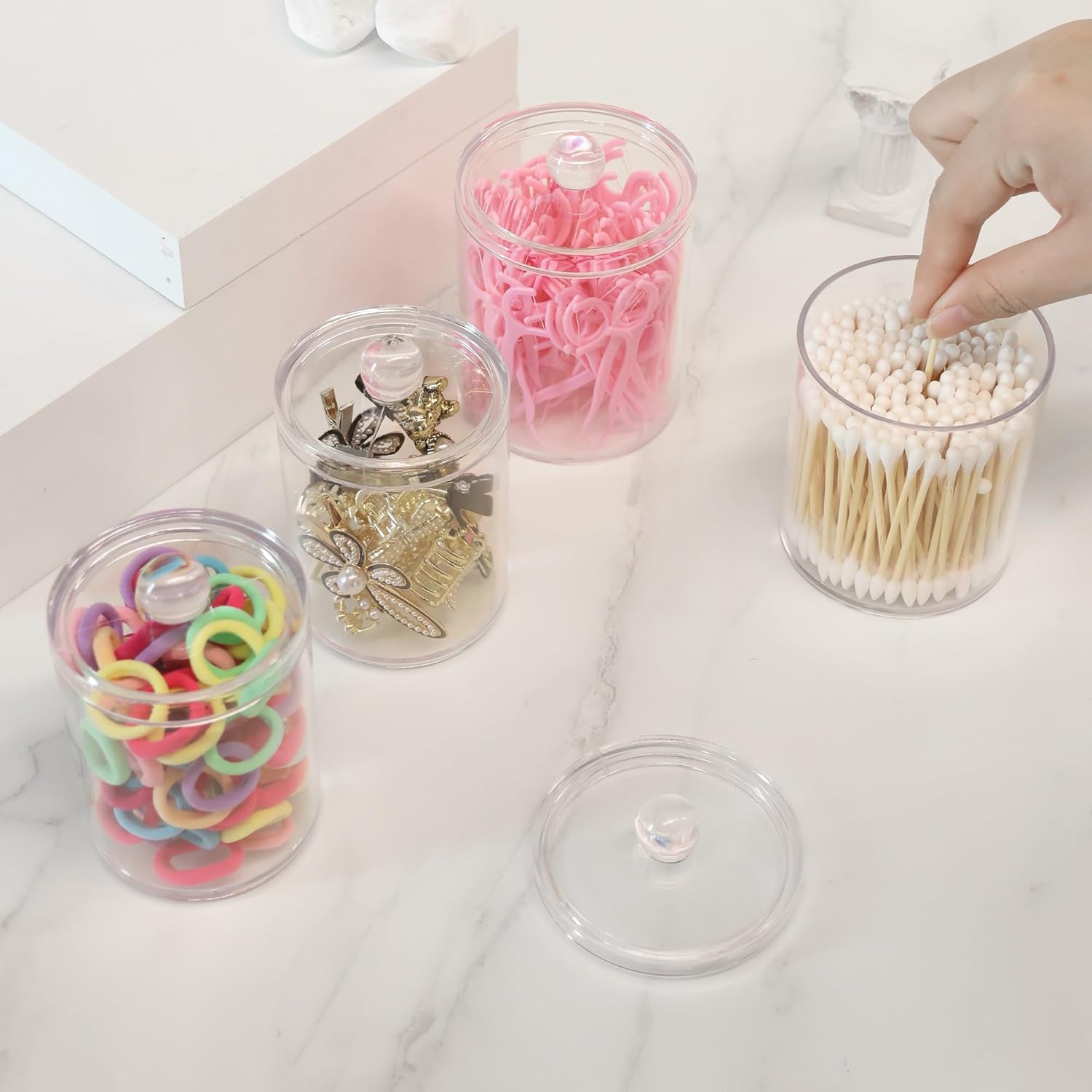 Skiennix Acrylic Qtip Holder Dispenser - 4 Pack Apothecary Jar Set for Makeup & Bathroom Storage | 10 & 12 oz