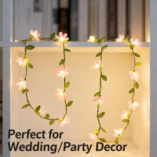 YEAMAR Pink Flower String Lights Tiny Leaf Ivy String Lights 9FT with 30 Flower Lights Battery Powered Waterproof Pink Fairy Lights for Outdoor Garden,Wedding Bedroom Party Wall Décor (8 Mode)