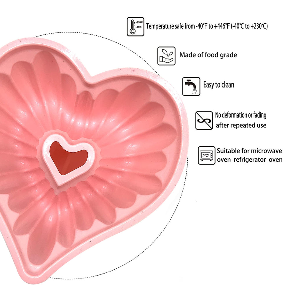 Kundalini Heart Shaped Cake Pan, 2PCS 9 Inch Heart Fluted Tube Cake Pans, Nonstick Silicone Cake Molds for Making Wedding, Valentine's Day and Family Cakes