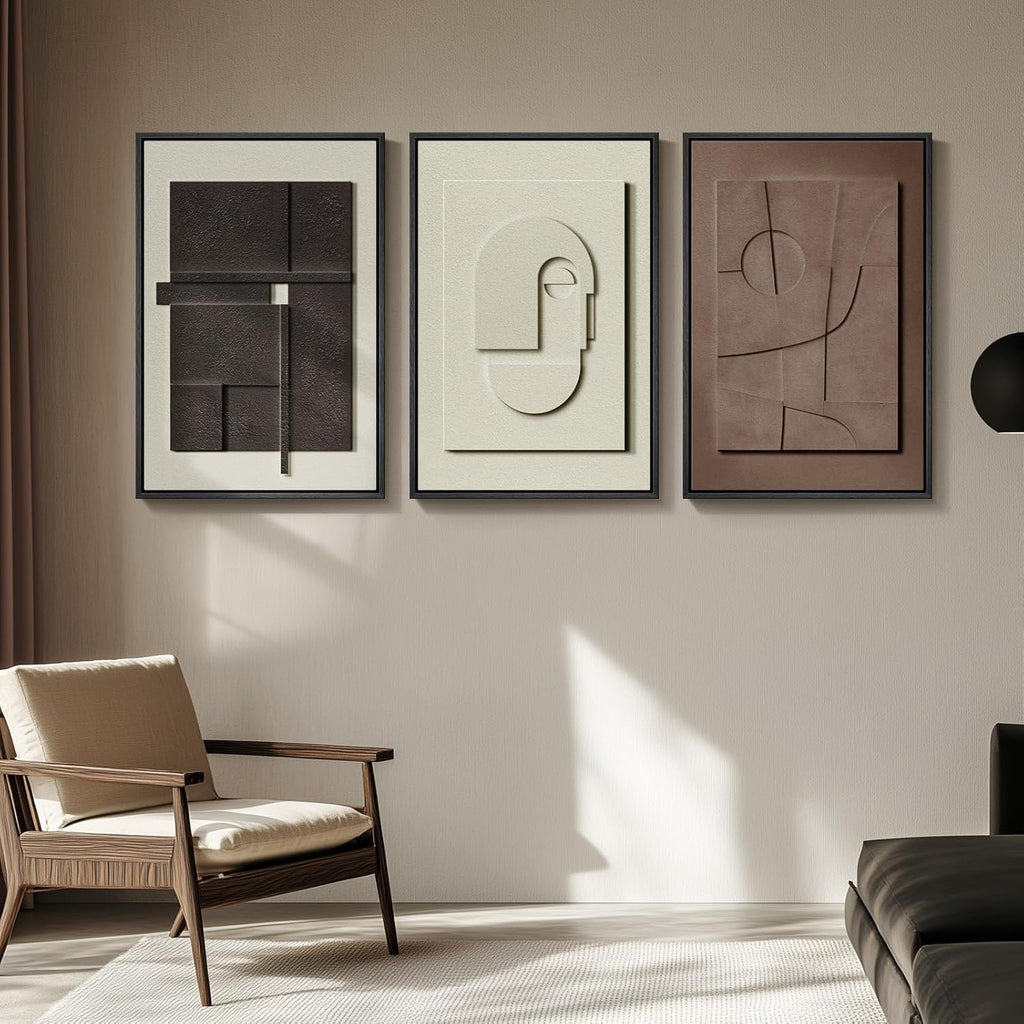 Skiennix 3D Textured Framed Abstract Wall Art - Modern 3-Piece Paintings for Living Room | Black, White, Brown, 24x36 In
