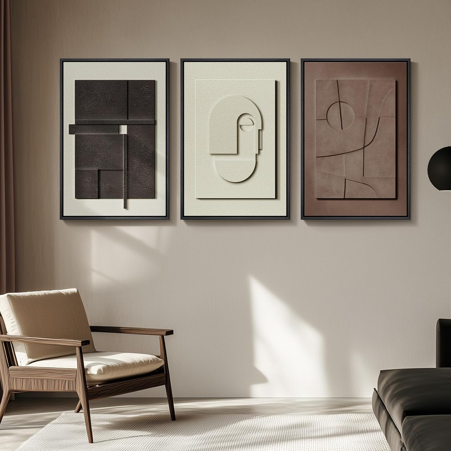 Skiennix 3D Textured Framed Abstract Wall Art - Modern 3-Piece Paintings for Living Room | Black, White, Brown, 24x36 In
