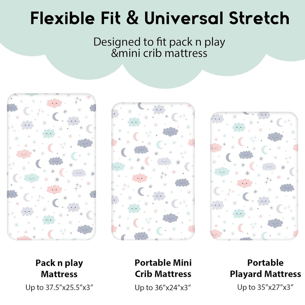 Yoofoss Fitted Pack and Play Sheets - Soft, Stretchy Mini Crib Sheets 2-Pack | Breathable Cloud Design