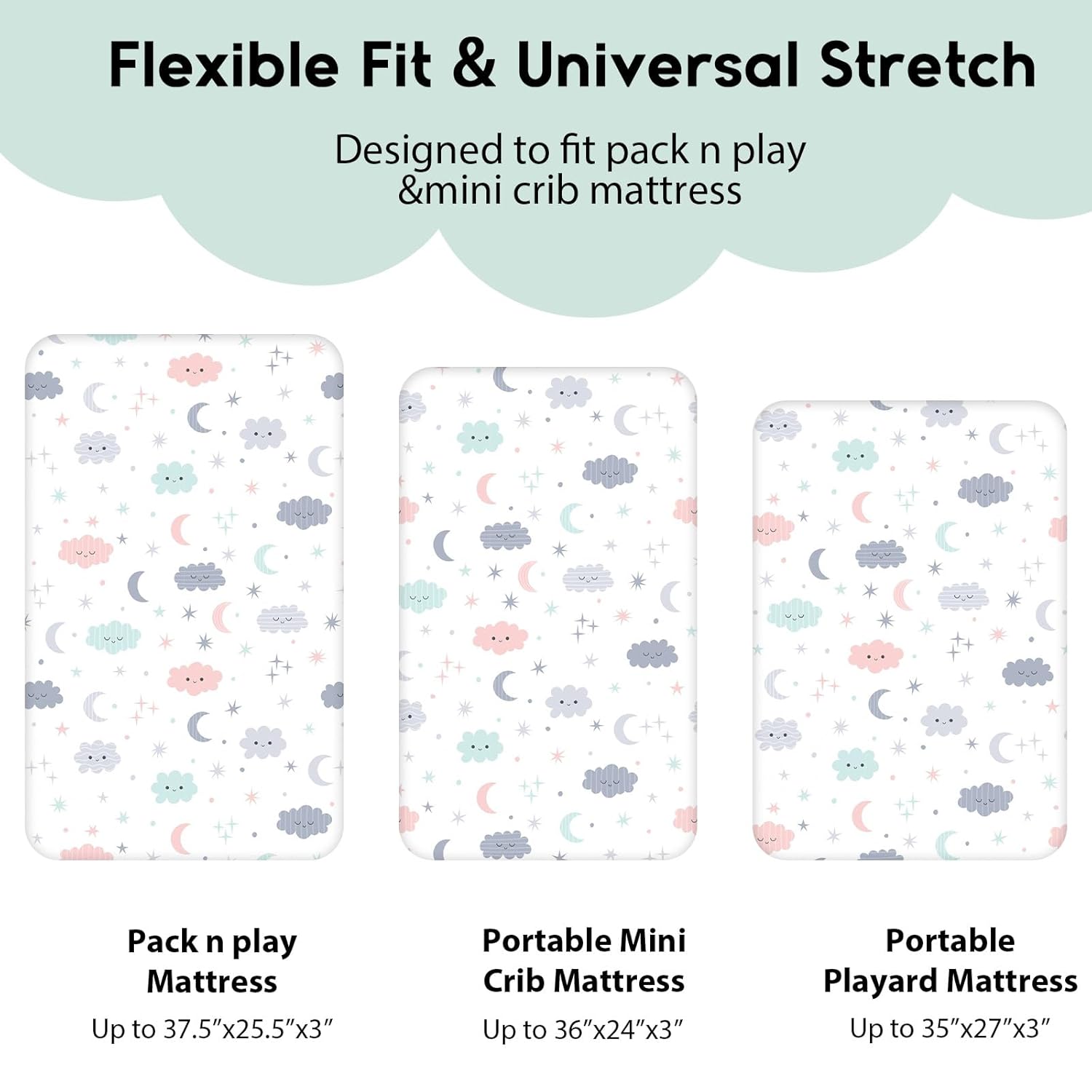 Yoofoss Fitted Pack and Play Sheets - Soft, Stretchy Mini Crib Sheets 2-Pack | Breathable Cloud Design