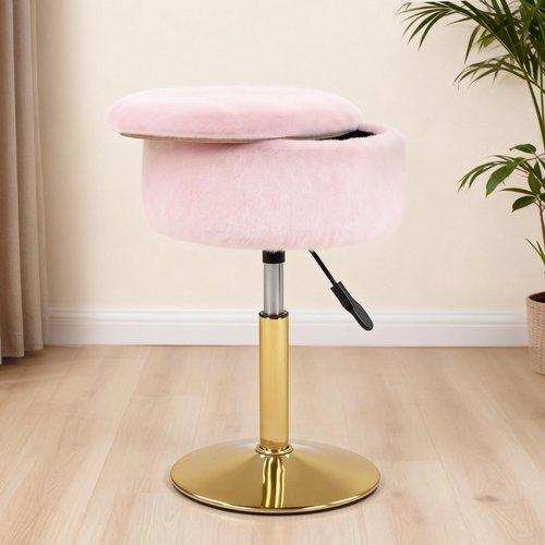 LITZFUR Adjustable Vanity Stool with Storage, 360° Swivel Gold Chair, Faux Fur Small Round Ottoman Footrest for Bathroom, Makeup Room, Pink