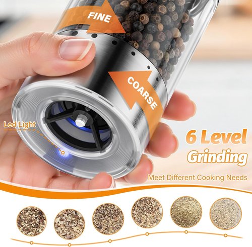 HomeHacks Electric Salt and Pepper Grinder Set - Rechargeable Type-C with LED Light, Stainless Steel, 6 Coarseness Levels, Perfect Valentine's Gift