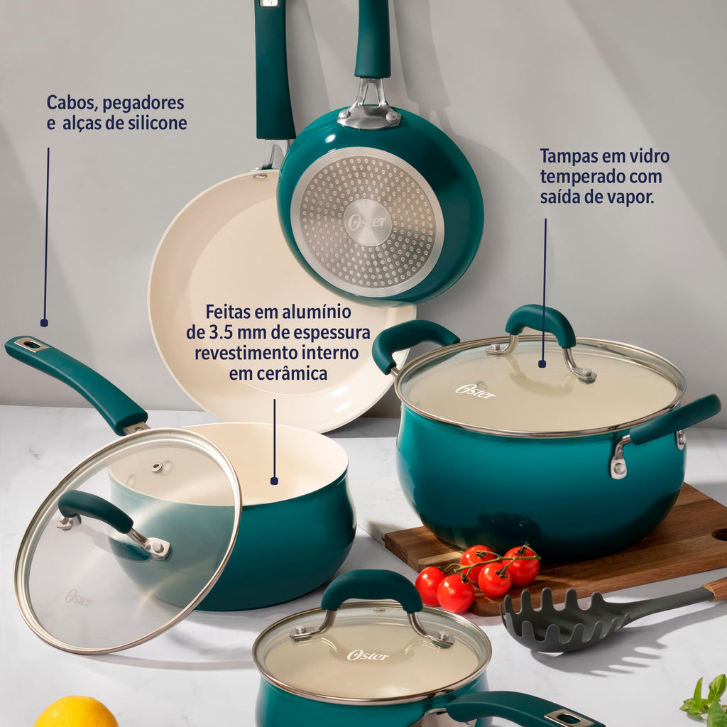 Oster Corbett 8 pc Gradient Teal Forged Aluminum Cookware Set With Ceramic Non-stick - Induction Base - Soft Touch Bakelite Handle and Tempered Glass Lids