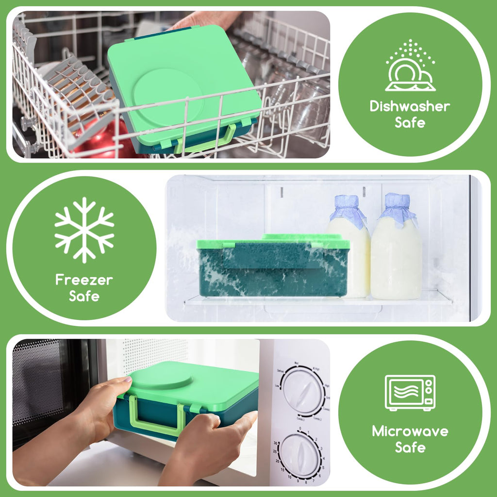 JoyYum Bento Box for Kids - Leak-Proof Bento Lunch Box with Insulated Thermos Food Jar - 4 Compartments, 1 Removable Divider, 1Spoon, 1 Fork - Dishwasher Safe, BPA-Free (Green)