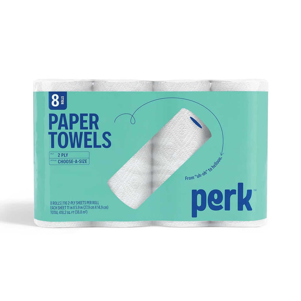 Perk Choose-A-Size Paper Towels - 2-Ply, 116 Sheets/Roll, 8 Rolls | Highly Absorbent White Kitchen Towels