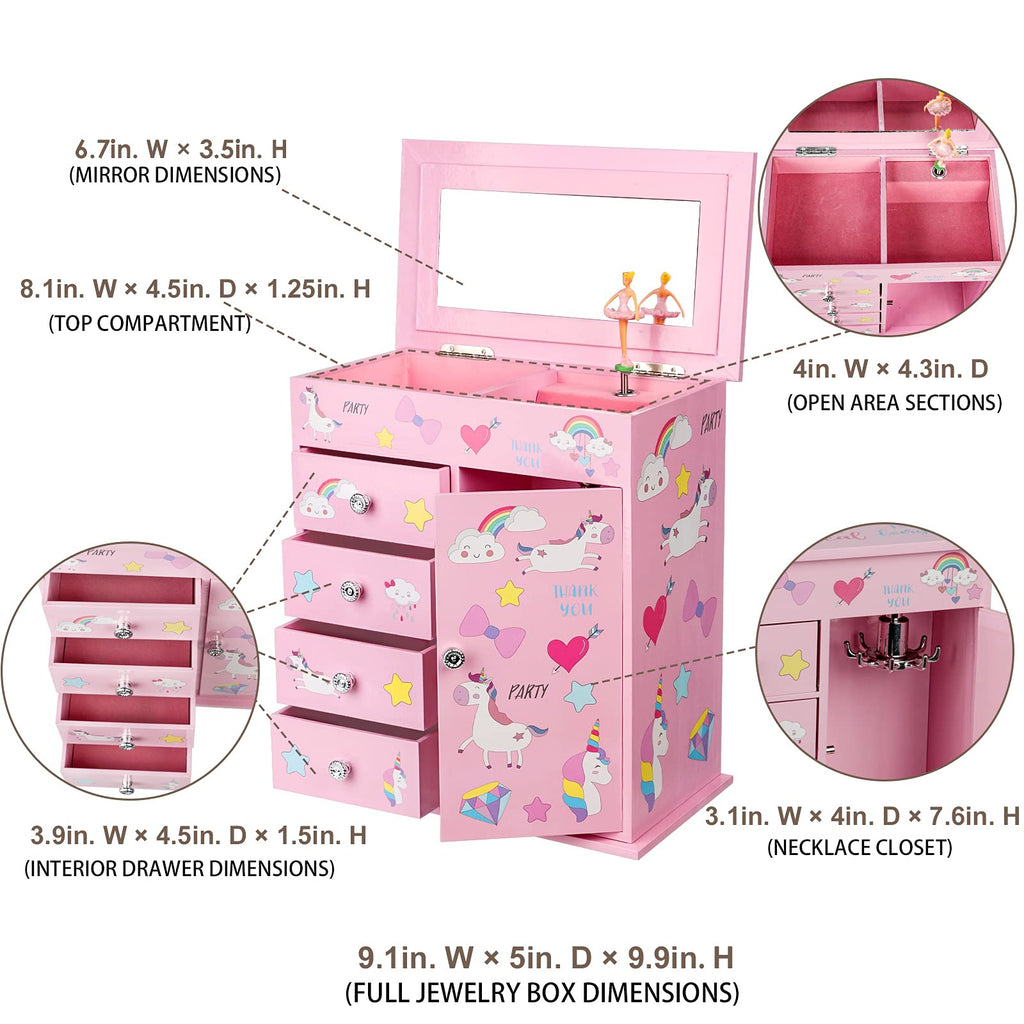 efubaby Upgrade Jewelry Box for Girls 5-Layer 9.09x5x9.84 inch with Swing Door Spinning Ballerina Unicorn&Castle Design with Unicorn Jewelry Set Kids Music Box for Birthday Christmas Gift Pink