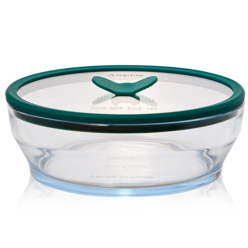 Anyday 7-Cup Glass Food Storage with Glass Lid, Round Shallow Dish | Plastic-Free Meal Prep & Microwave Cookware | Stackable Airtight Storage Container with Vented Lid for Microwave-Safe Reheating