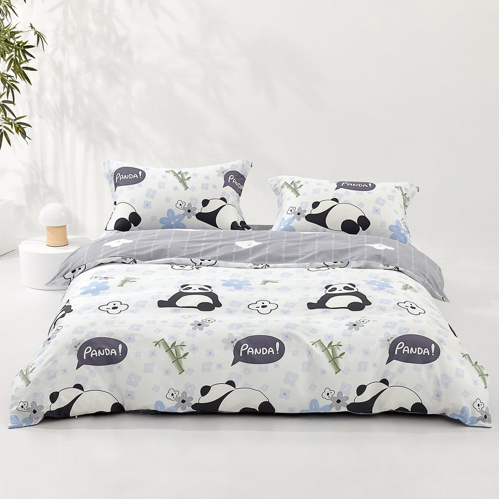 SAPHREAS Home Queen Size Cute Cartoon Pandas Duvet Cover Set 3pcs Animal Comforter Cover 100% Cotton Kids Duvet Cover Set 1 Duvet Cover 2 Pillow Shams