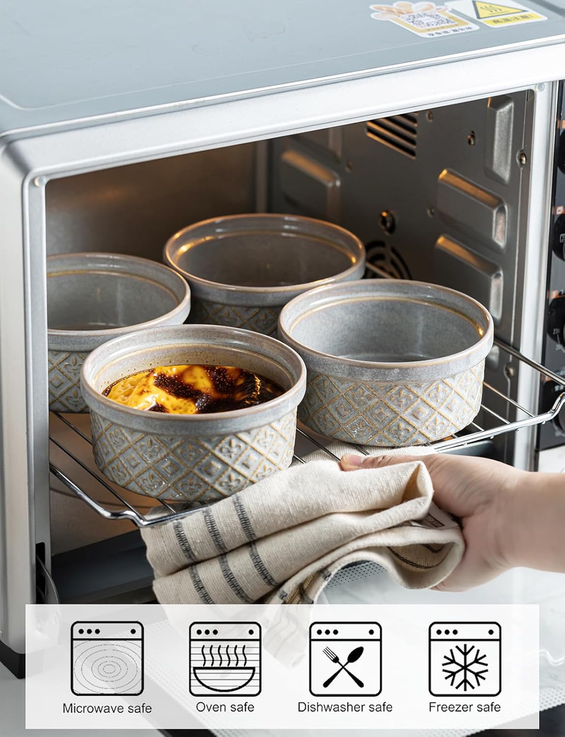 Skiennix 16 oz Ramekins with Lids - Oven Safe Ceramic Bowls for Crème Brûlée & Soufflé | Set of 4, Gray
