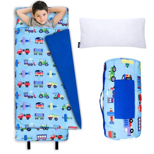 Wildkin Kids Original Nap Mat – Cozy Kids Sleep Mat with Pillow, Ideal for School & Travel - Trains, Planes, and Trucks