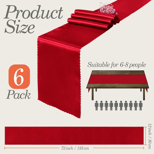 Eychei 6 Pack Red Satin Table Runner 12 x 72 Inch Long,Bright Smooth Table Runner with Scalloped Edges,Silky Dinner Table Runner Decorations for Weddings,Banquet,Birthday Parties,Graduations
