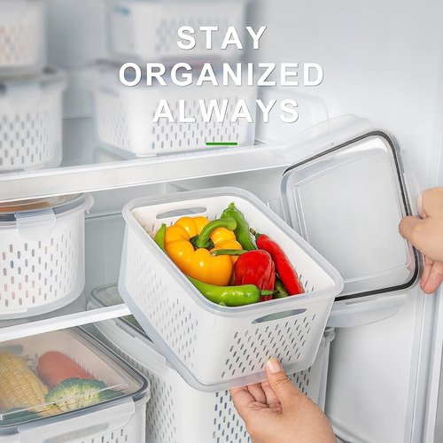 Freshmage Fruit Storage Containers - Airtight Produce Saver with Removable Colander | 4 Pcs Clear, Dishwasher Safe