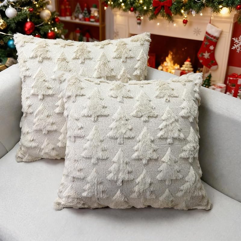Booque Valley 2 Pack Beige Christmas Tree Pillow Covers 20x20 inches - Fuzzy Wool Embroidered 3D Pine Tree
