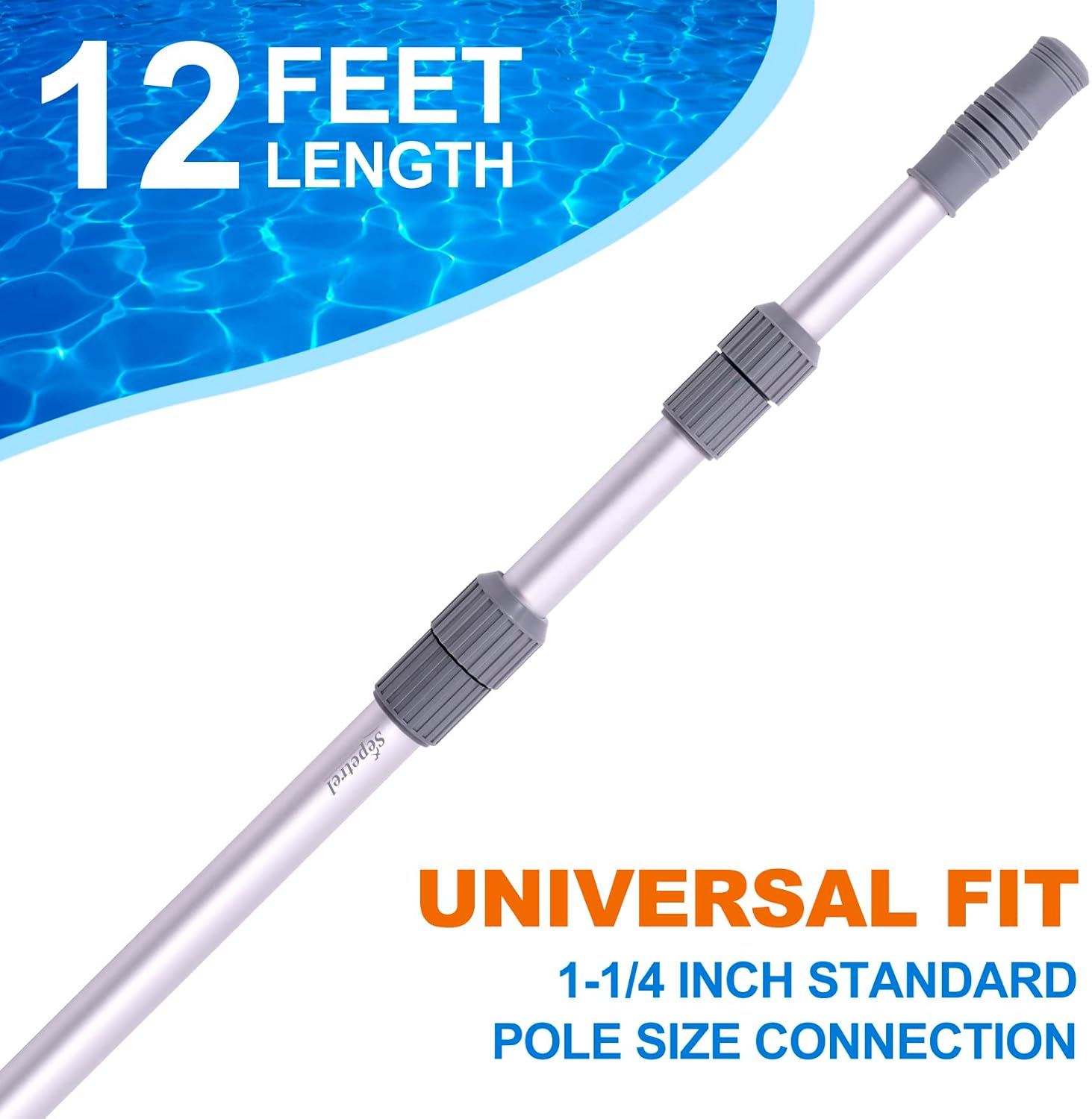 Sepetrel Pool Pole - 12-Foot Telescoping Cleaning Pole for Skimmer Net, Brush & Vacuum Head