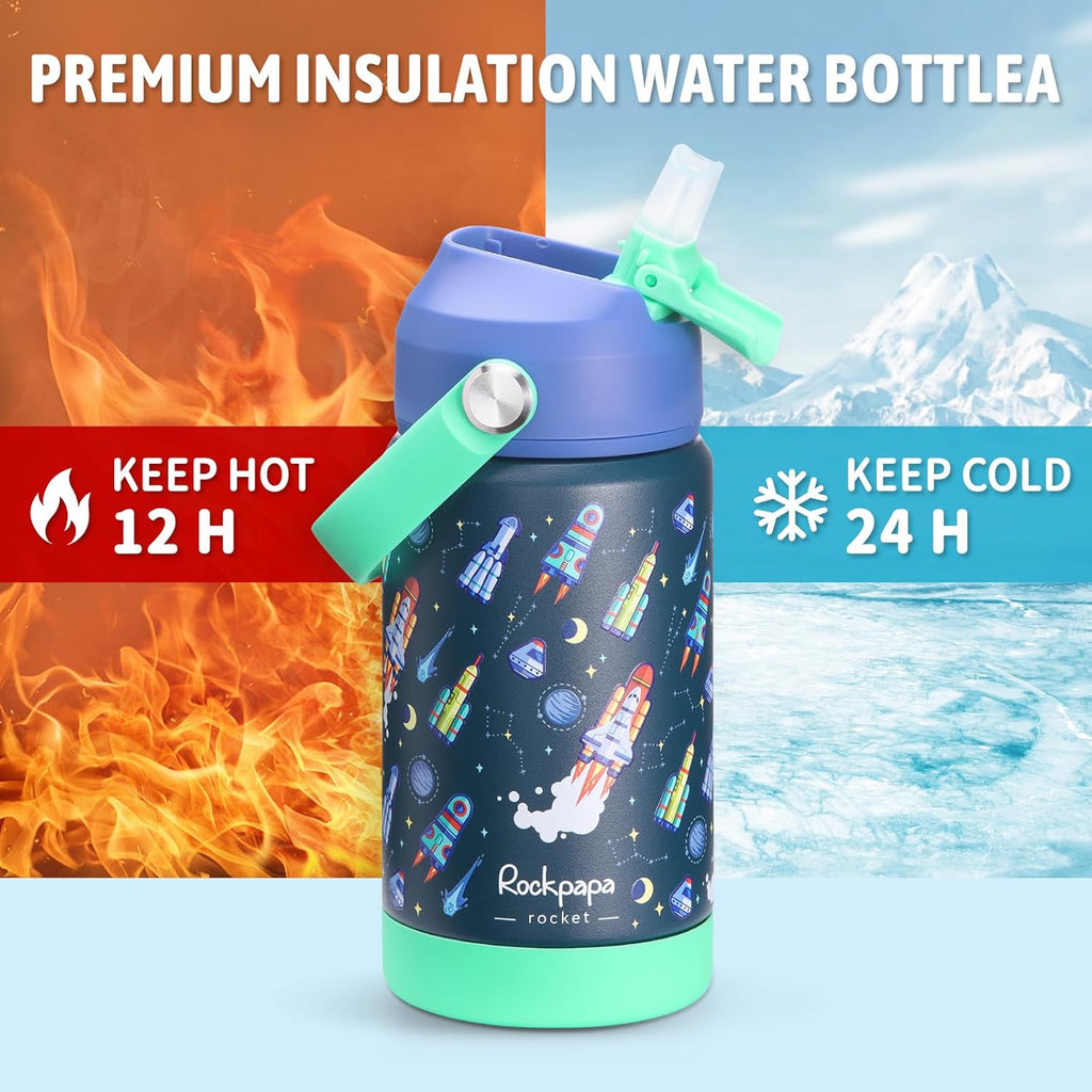 Rockpapa 14 Oz Kids Insulated Water Bottle - Stainless Steel, BPA Free, Leak-Proof | Blue Rocket Design