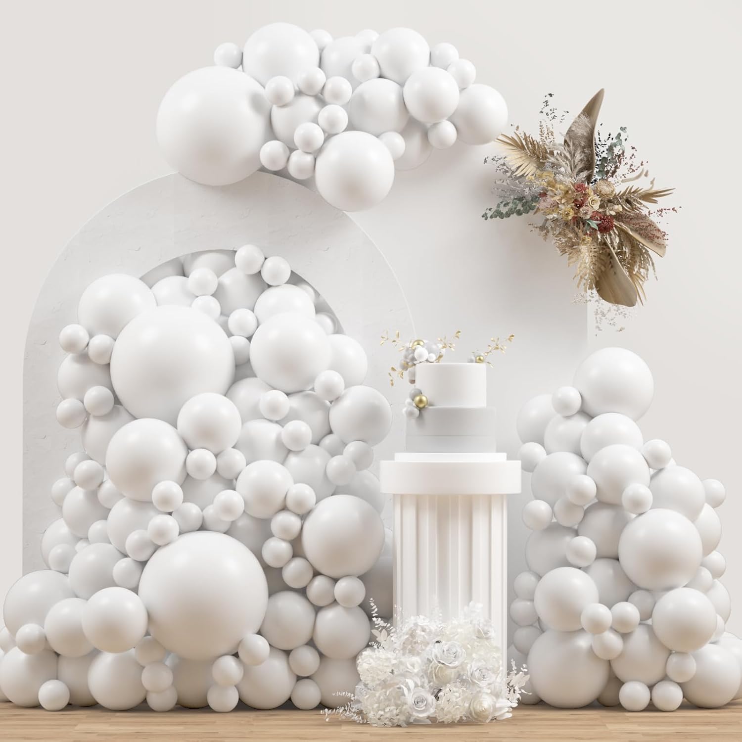 Skiennix White Double Stuffed Balloons - 115 Pcs in Various Sizes for Birthday & Wedding Decor