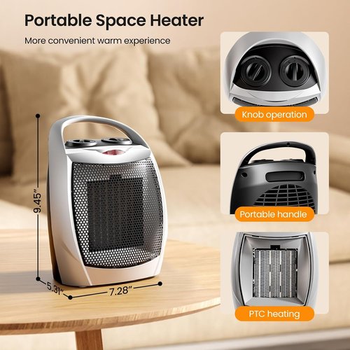 Kismile Portable Electric Space Heater - Adjustable Thermostat & Overheat Protection | 750W/1500W, Silver