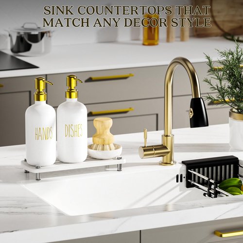 Galasily Gold Soap Dispenser Set Comes with Stainless Steel Pumps, Instant Dry Tray, and Dish Scrub Brush, Kitchen Soap Dispenser Set Suitable for Kitchen Decor and Bathroom Accessories(Gold)