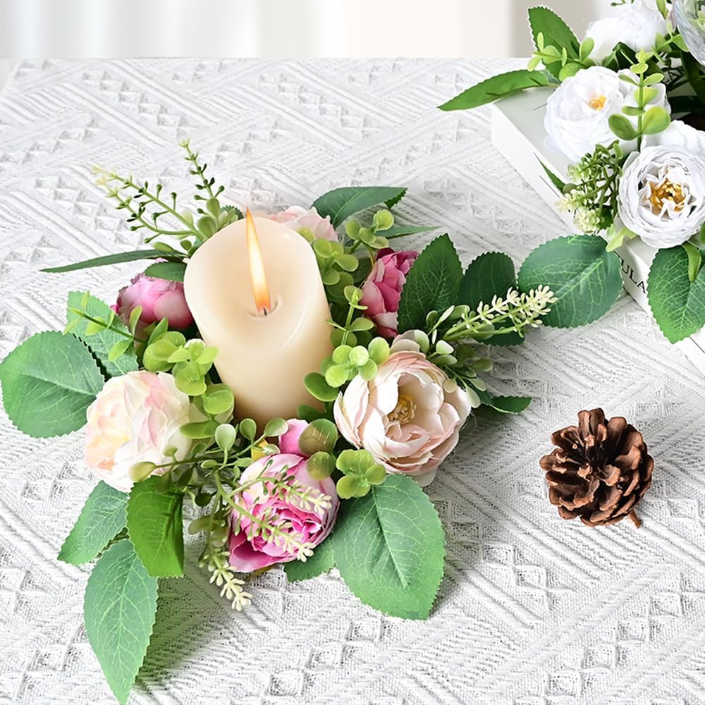 Peony Flower Candle Rings by [Brand Name] - Spring Wreath Centerpieces | 10.2" Pink Artificial Floral Decor