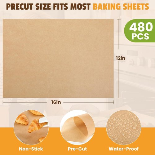 CAREGY Unbleached Parchment Paper Sheets - 480 Pcs, 12 x 16 Inch, Non-Stick for Baking & Cooking