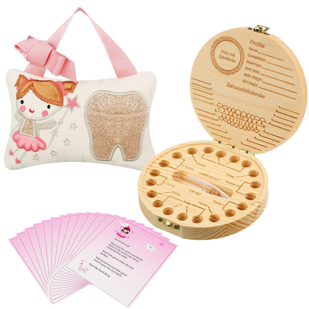 Qunclay Tooth Fairy Kits Includes 3.9 x 5.9 Inch Cute Tooth Fairy Pillow Wooden Keepsake Box Container and 20 Warm Letters(Pink,Girl Style)