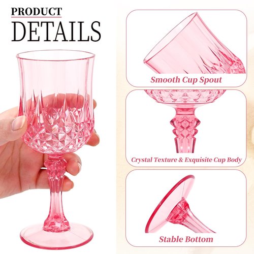 EVSGSONL 48Pack Pink Plastic Wine Glasses,Vintage Plastic Goblets for Parties, Pink Drinking Glasses Crystal Water Goblets Reusable for Wedding Reception, Grand Event Party Supplies