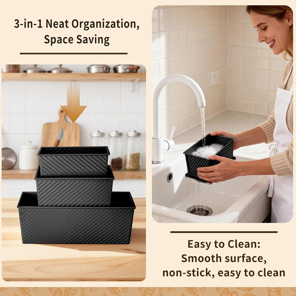 Pullman | 3-Pack Non-Stick Bread Loaf Pan Set - Heavy Duty Carbon Steel with Lids (Black)