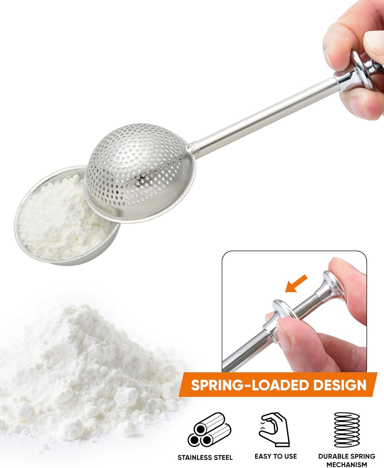 Skiennix Flour Duster - Stainless Steel Baking Sifter with One-Handed Spring Handle | Fine Mesh for Even Dusting