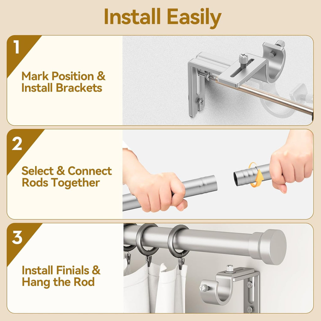 YaFex Curtain Rods - Heavy Duty 1 Inch Adjustable Window Treatment Rods | 32-84 Inch, Modern Silver Design