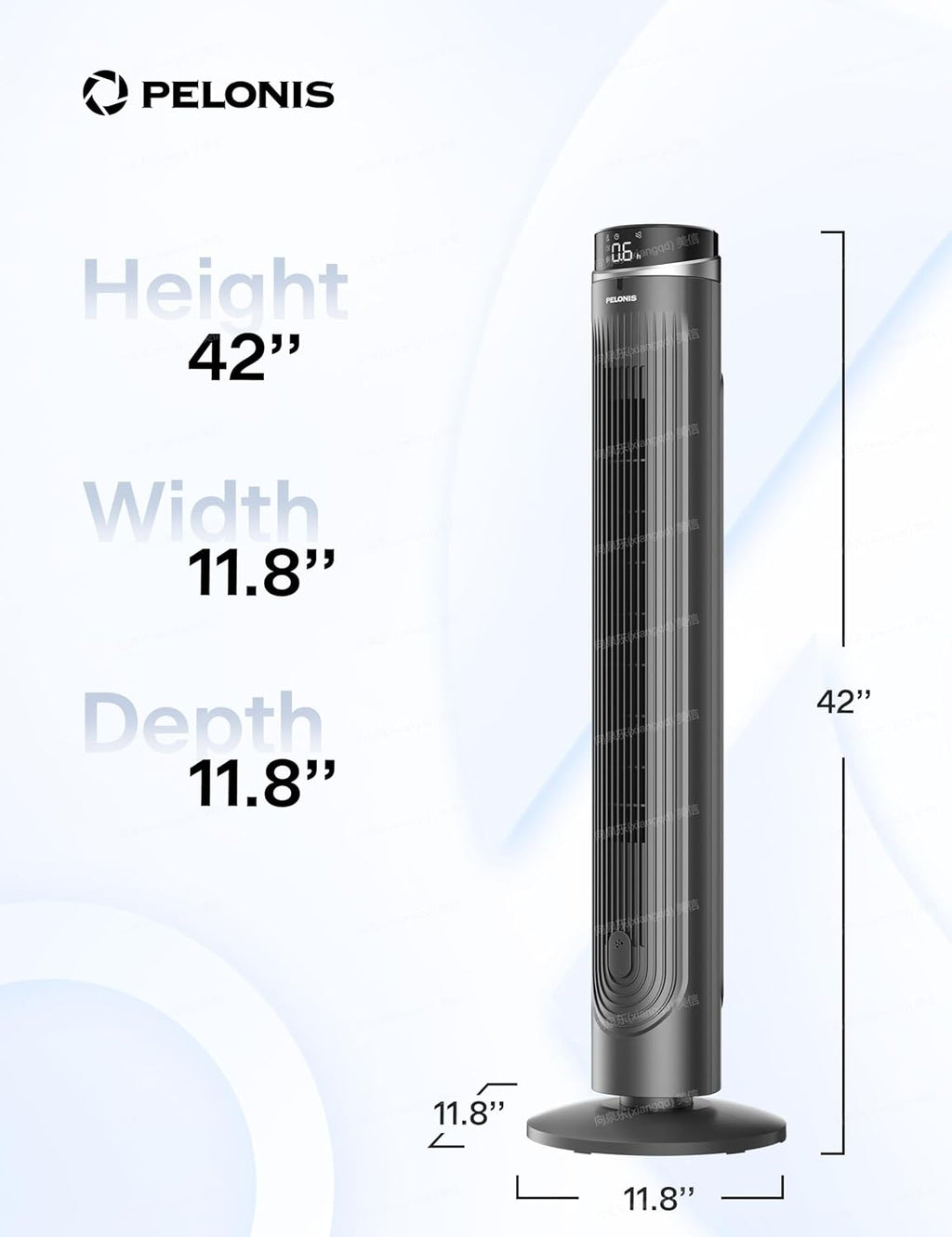Pelonis 42-Inch Tower Fan - Quiet 90° Oscillation, 5 Speeds, Remote Control & Eco Mode | 12H Timer, LED Display