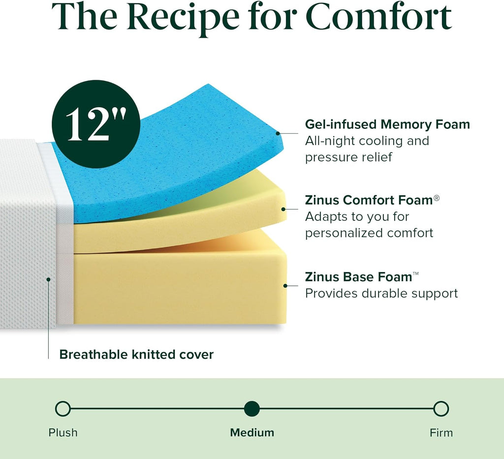Zinus 12 Inch Green Tea Memory Foam Mattress - King Size, Cooling Gel, Medium Firmness, Safe & Fiberglass Free
