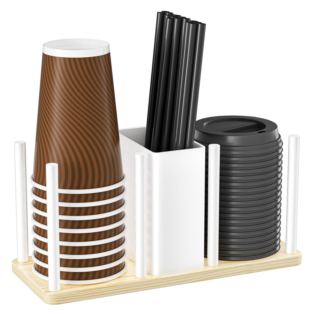XILIMEN Cup and Lid Holder with Straw Organizer, 3 Compartment Coffee Cup Holder Organizer, Coffee Cup Dispenser for Coffees Station Home Countertop, for Disposable Paper & Plastic Cups, White