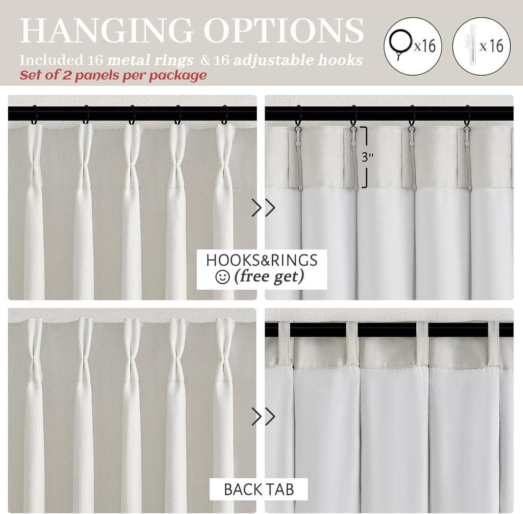 Skiennix 100% Blackout Linen Curtains - 96-Inch Insulated Heavy Drapes for Sliding Glass Doors | Off Beige