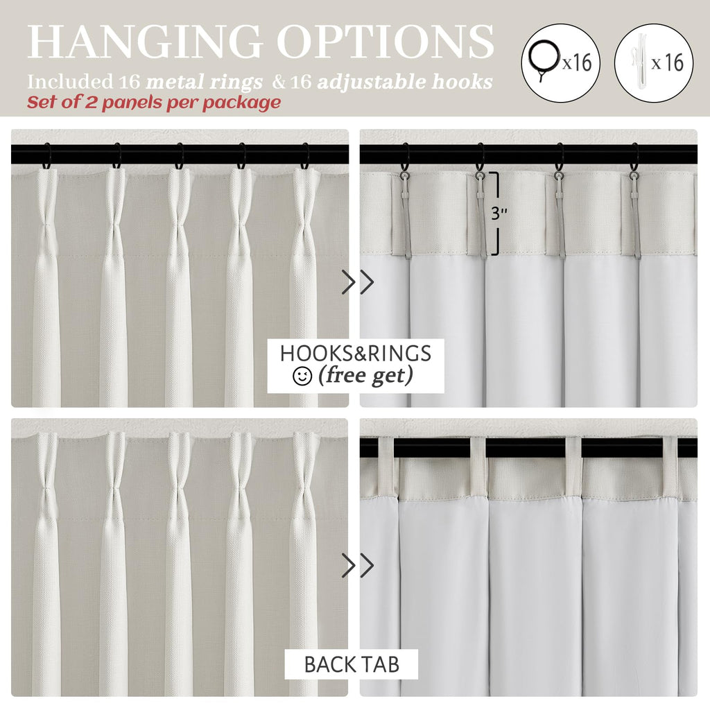 100% Blackout Linen 96 Inch Curtains 2 Panel Set for Bedroom, Modern Pinch Pleated Natural Linen Off Beige White Insulated Heavy Curtain 40 x 96 Inches Length Sliding Glass Door Room Darkening Drapes