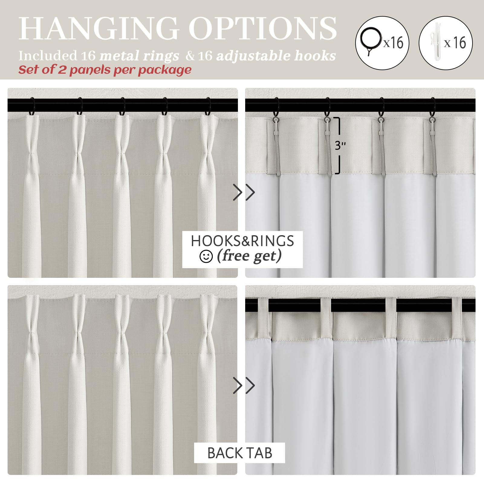 100% Blackout Linen 96 Inch Curtains 2 Panel Set for Bedroom, Modern Pinch Pleated Natural Linen Off Beige White Insulated Heavy Curtain 40 x 96 Inches Length Sliding Glass Door Room Darkening Drapes
