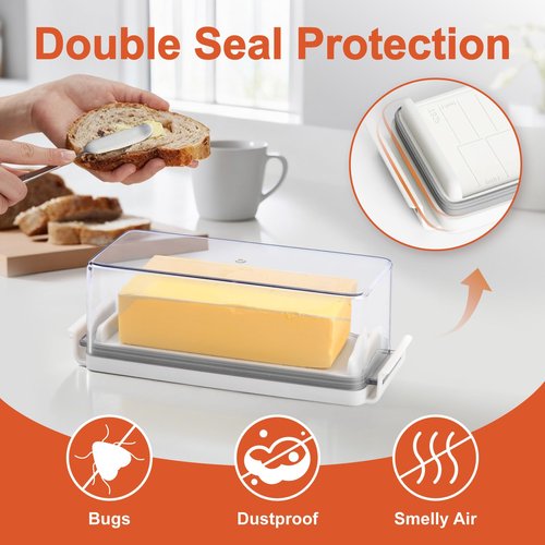 Airtight Butter Dish with Lid for for Countertop and Refrigerator Door Shelf, Butter Keeper with Safety Lock, Butter Holder for East/West Coast Butter, One Press to Close, BPA Free, Dishwasher Safe