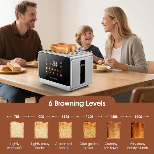 Toaster Touch Screen Toaster 2 Slice with LCD Display Stainless Steel Digital Timer Toasters 6 Bread Types& 6 Shade Settings Smart Extra Wide Slots Tostadora With Bagel Cancel,Defrost Functions