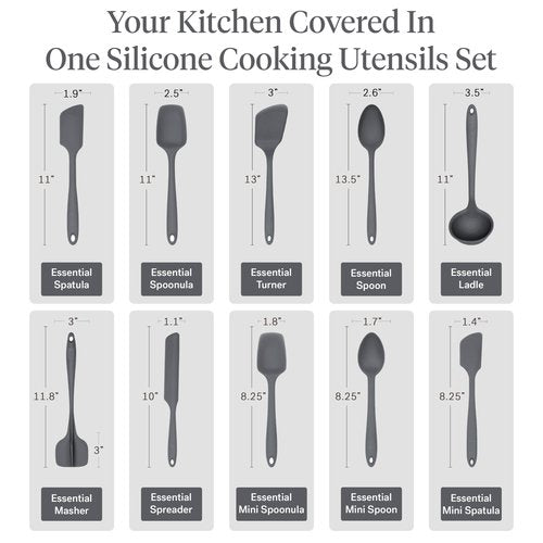 GIR: Get It Right 10-Piece Silicone Essentials Kitchen utensils set - Ladle, Spatula, Flip, Spoon & Spoonula - Non toxic cooking utensils for Nonstick Cookware, Cooking and Baking - Charcoal