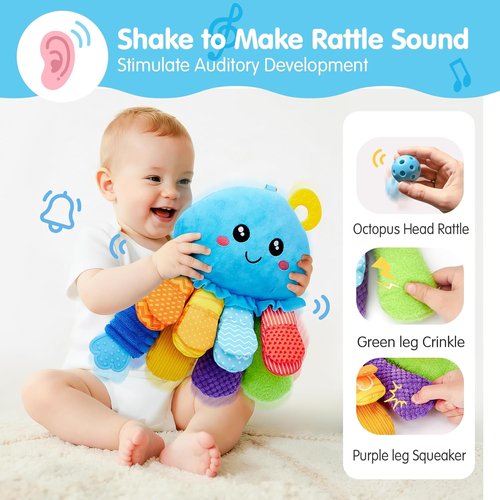 Hahaland Baby Sensory Toys - 15-in-1 Soft Tummy Time Toy with Crinkle Rattle & Mirror for Infant Development