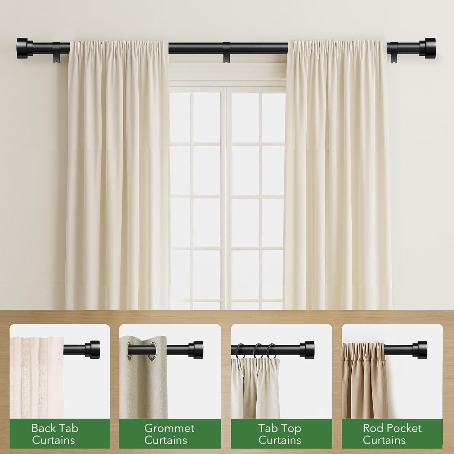 Time Forest Black Curtain Rods - Adjustable Heavy Duty Design for Windows 32 to 120 Inches | Modern Style