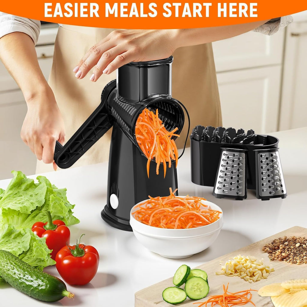 Skiennix 5-Blade Rotary Cheese Grater - Hand Crank Vegetable Chopper & Slicer with Suction Base | Black