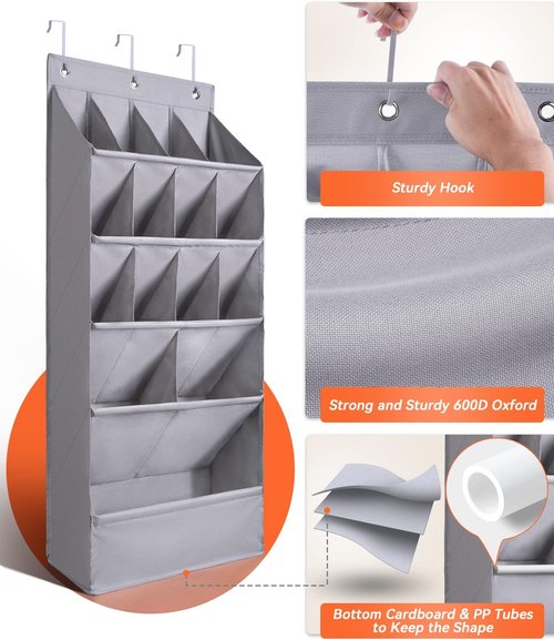 FENTEC Over-The-Door Shoe Organizer - 15 Pocket Hanging Rack for Closet Storage | Gray